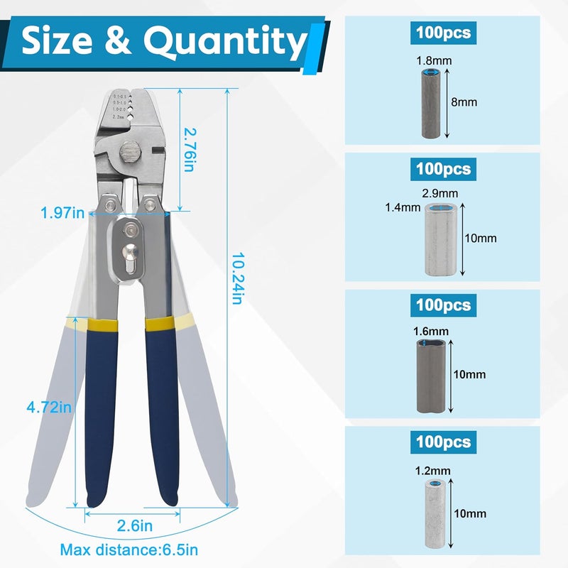 JOGFFDE Fishing Crimping Tool Fishing Wire Line Crimping Rigging Kit Fishing Pliers Wire Rope Leader Crimp Tool with 500pcs Fishing Crimp Sleeves Beads Set Wire Rope Crimping Tool(Blue) - Image 2